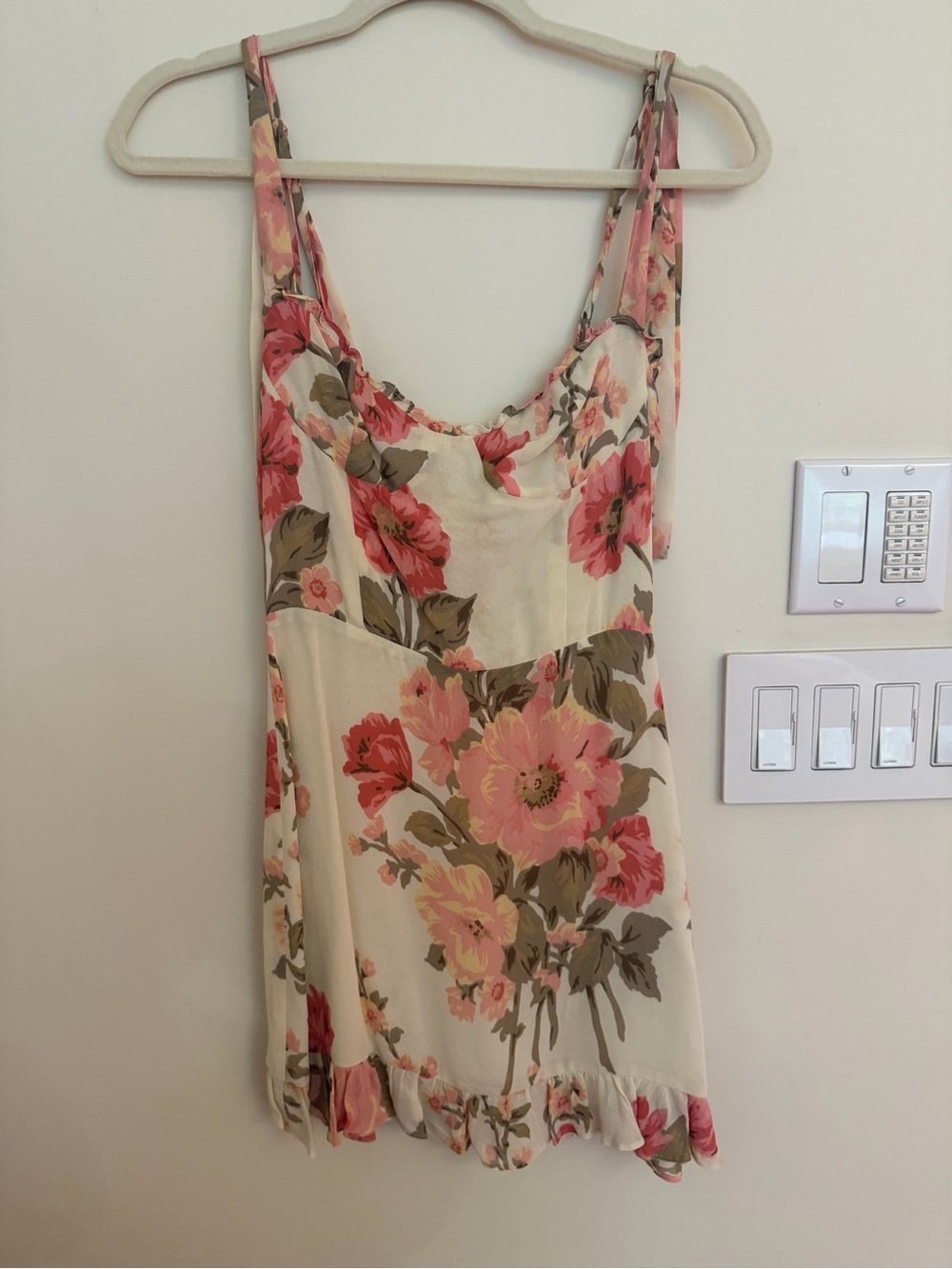 Reformation Cream Mini Dress with Pink Floral Print